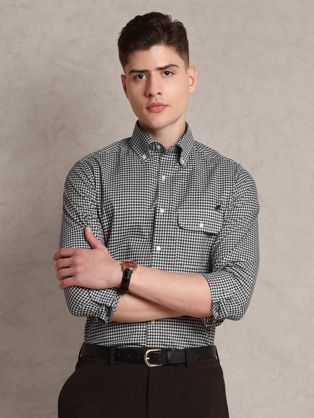 The Udai: Slim Fit Checkered Black Single Pocket Oxford Shirt