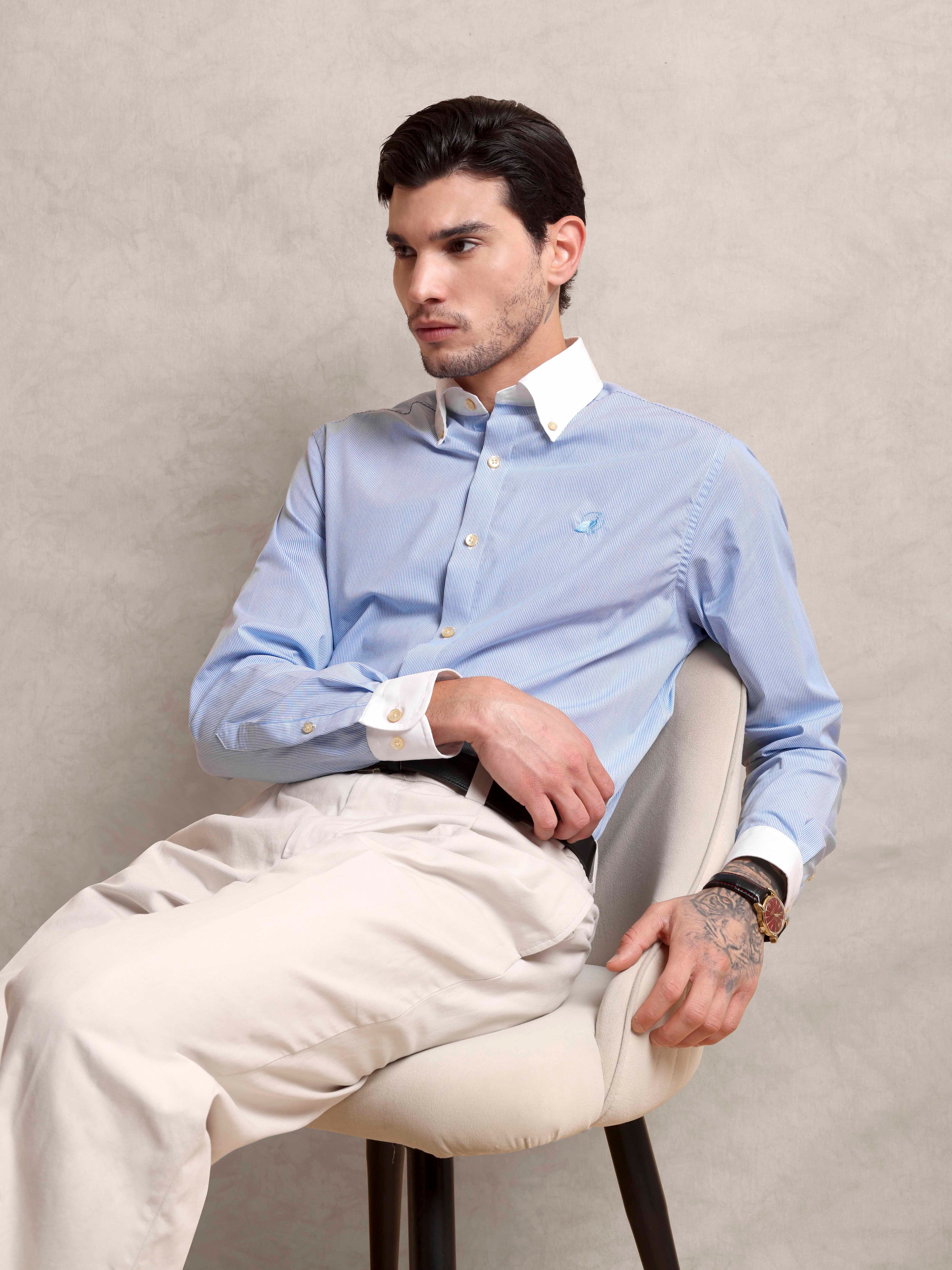 The Rawal: Slim Fit Egyptian Giza Cotton Striped Powder Blue Shirt