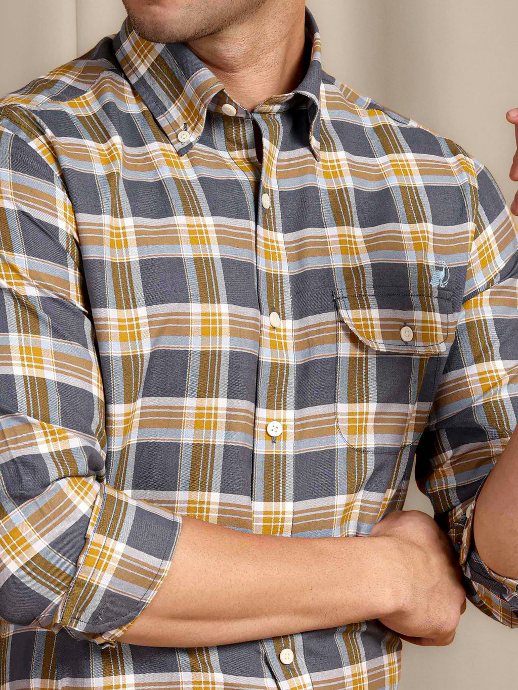 The Udai: Slim Fit Checkered Blue-Gold Oxford Shirt
