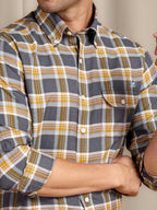 The Udai: Slim Fit Checkered Blue-Gold Oxford Shirt