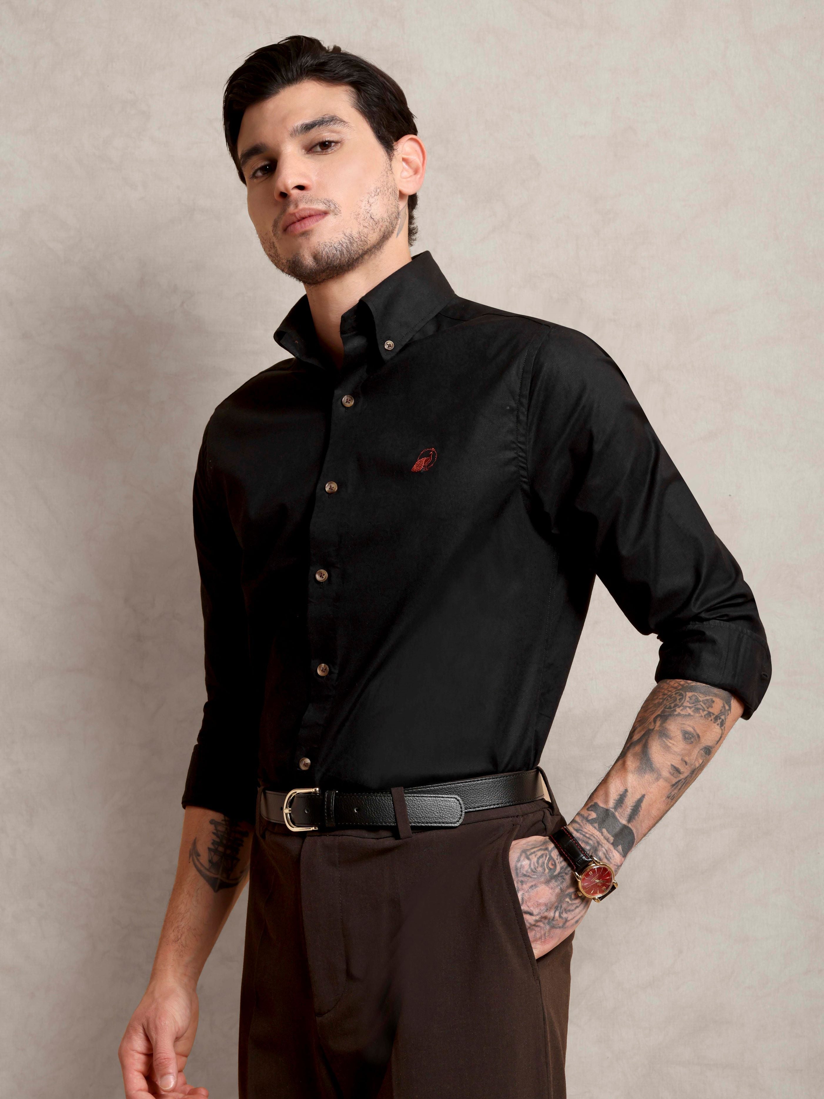 The Rawal: Slim Fit Solid Charcoal Oxford Shirt