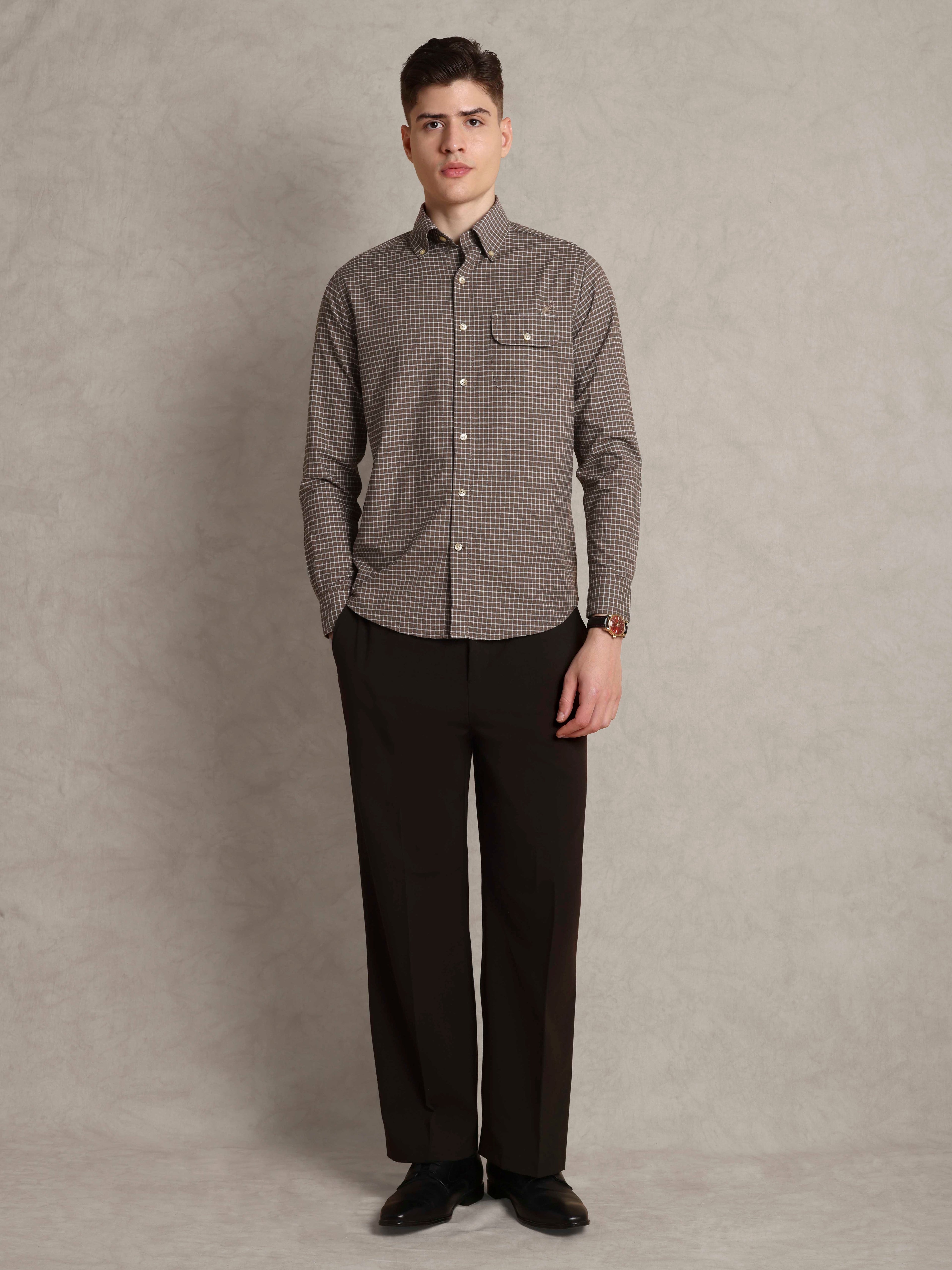 The Udai: Slim Fit Checkered Caramel Egyptian Cotton Shirt
