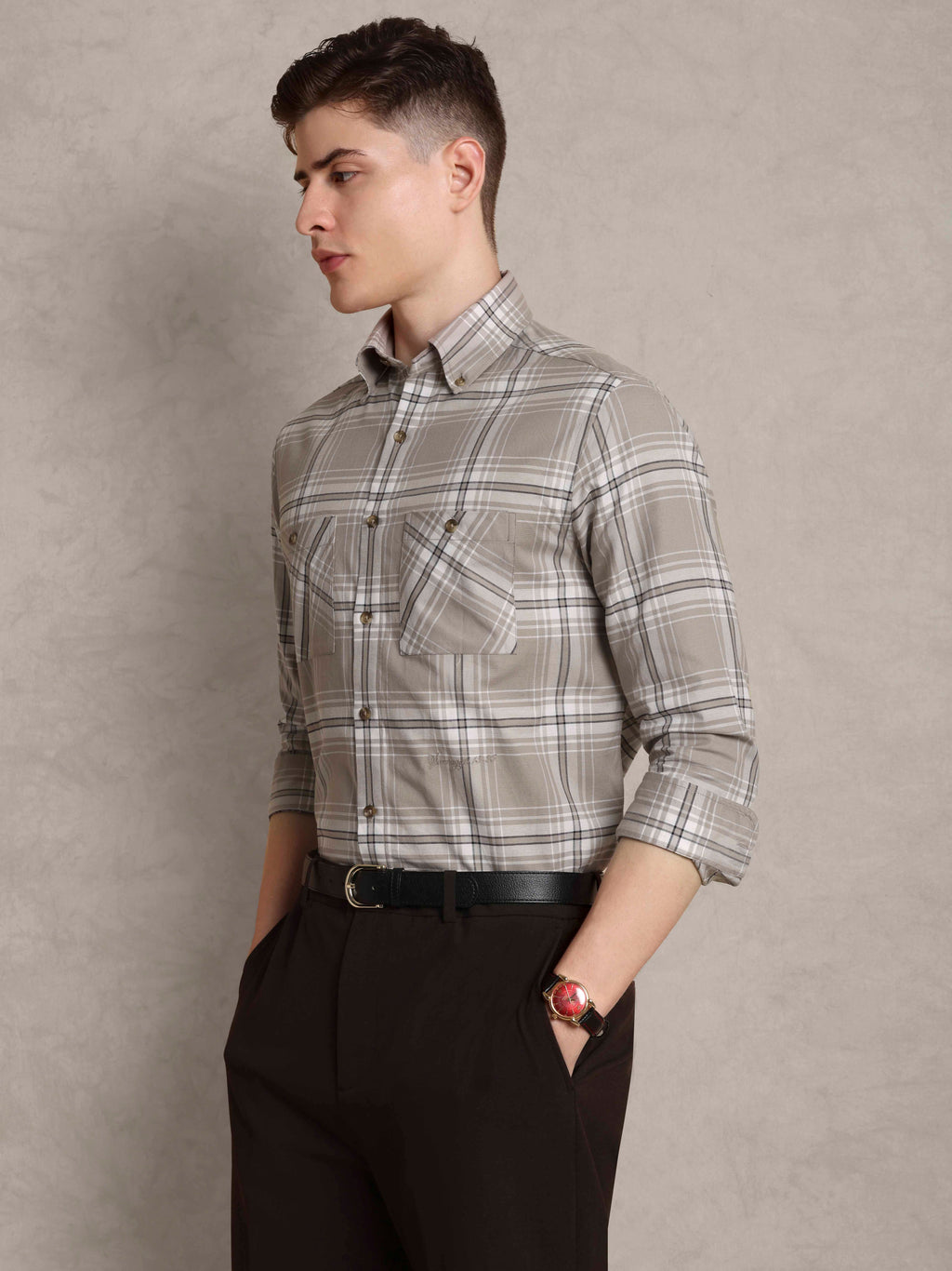 The Karikala: Slim Fit Checkered Taupe Poplin Shirt