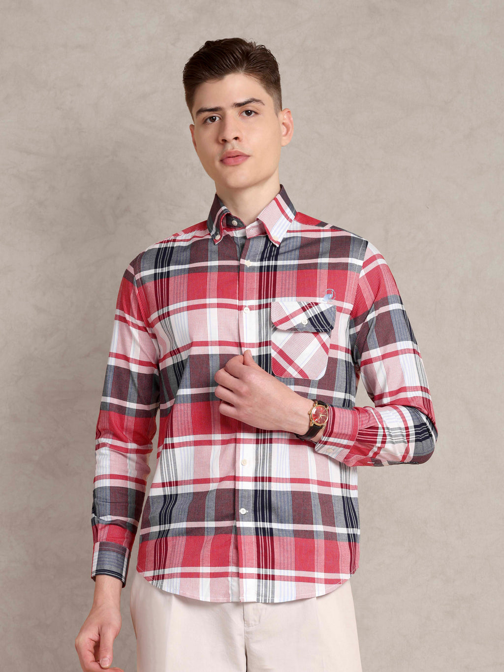 The Udai: Slim Fit Checkered Red Single Pocket Oxford Shirt