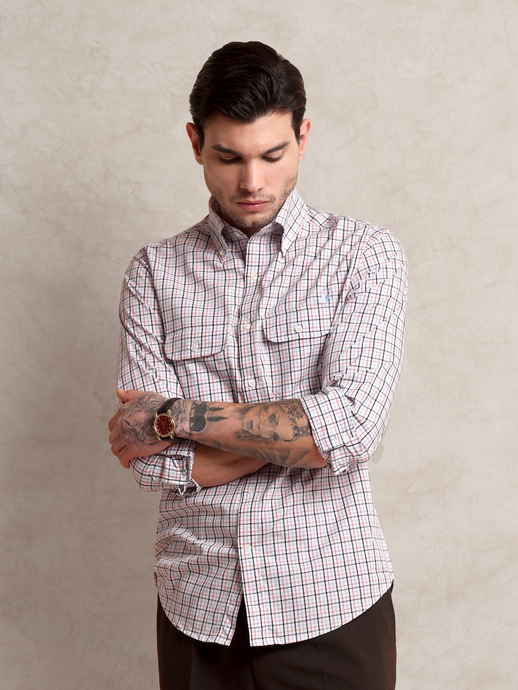 The Karikala: Slim Fit Checkered Salmon Poplin Shirt