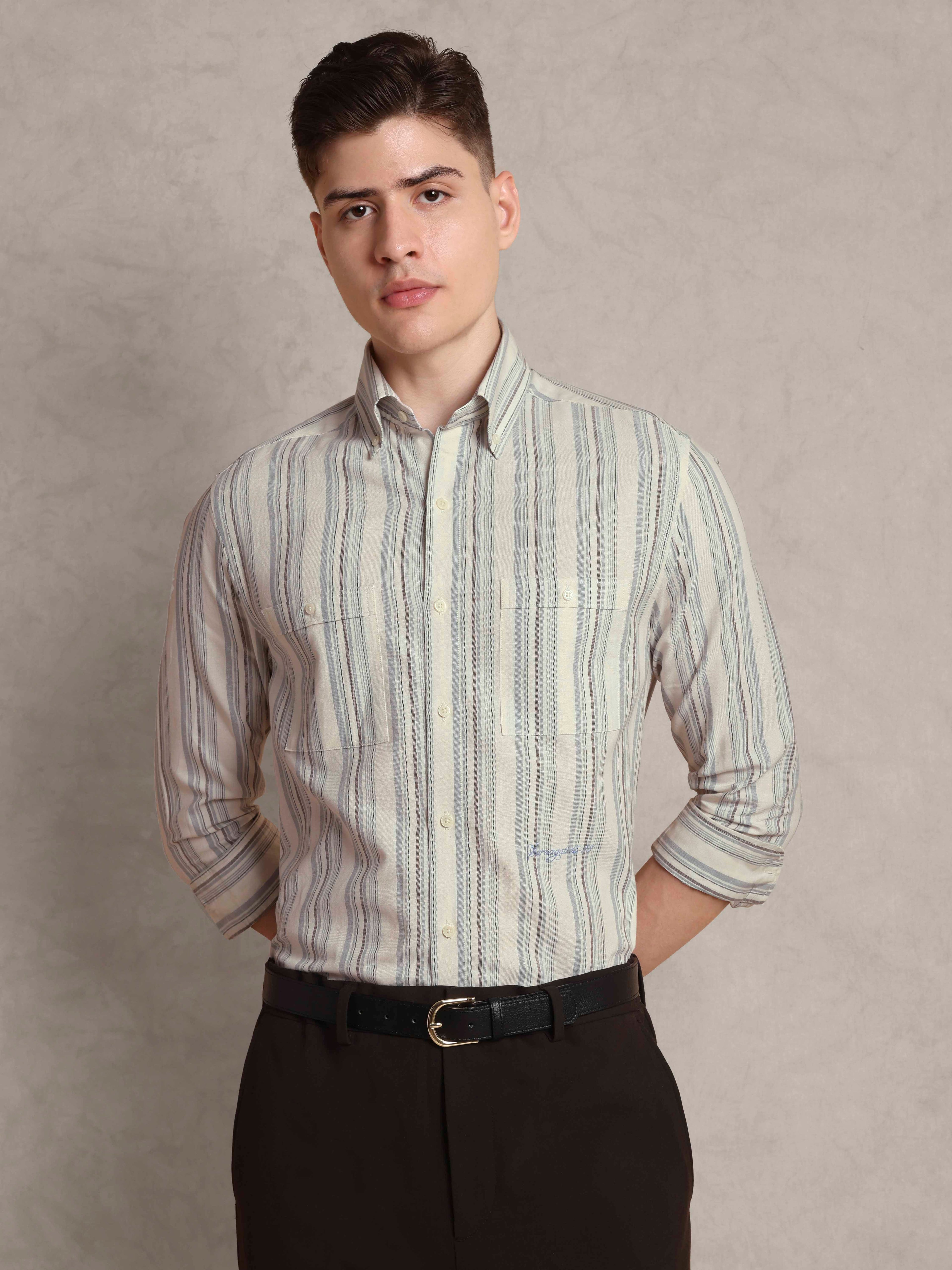 The Karikala: Slim Fit Striped Grey Poplin Shirt