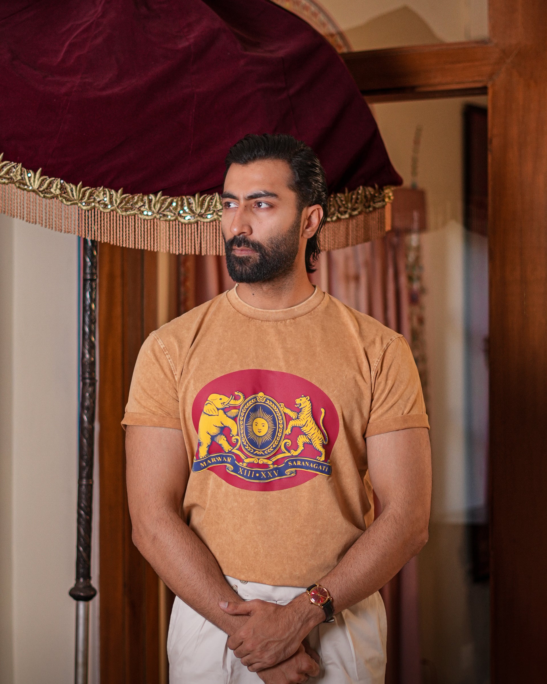 The Marwar Beige washed Crew Neck Tee