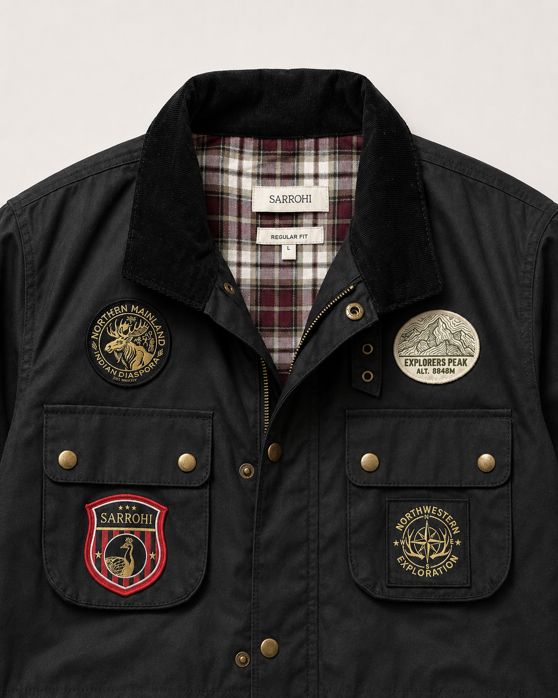 The Gorkha Jacket- Men's Black Patched Waxed Jacket with Courduroy Collar
