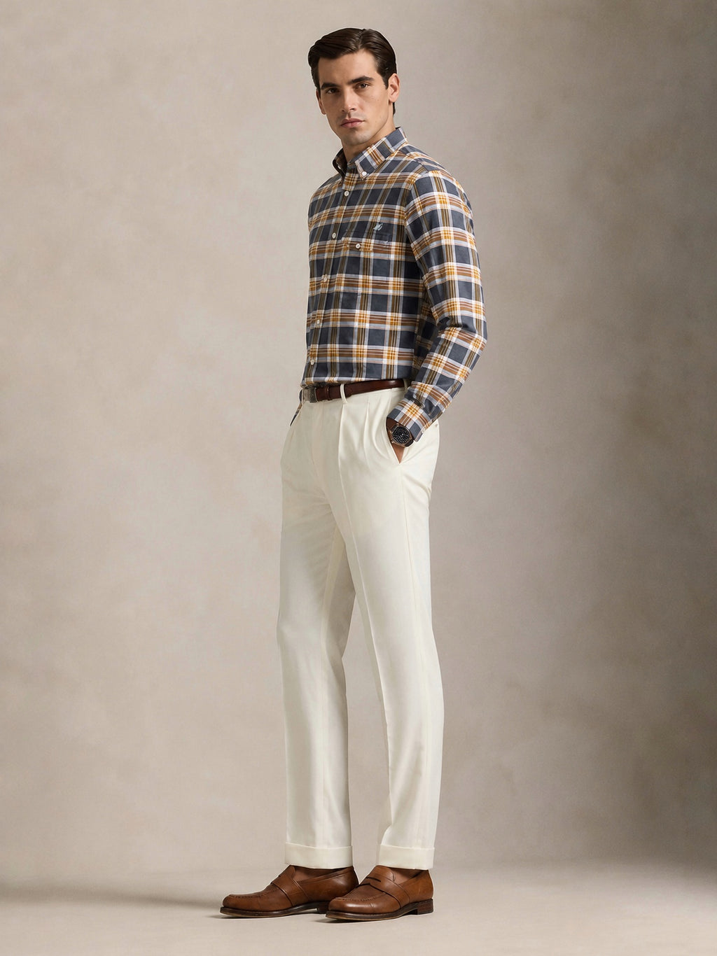 The Udai: Slim Fit Checkered Blue-Gold Oxford Shirt