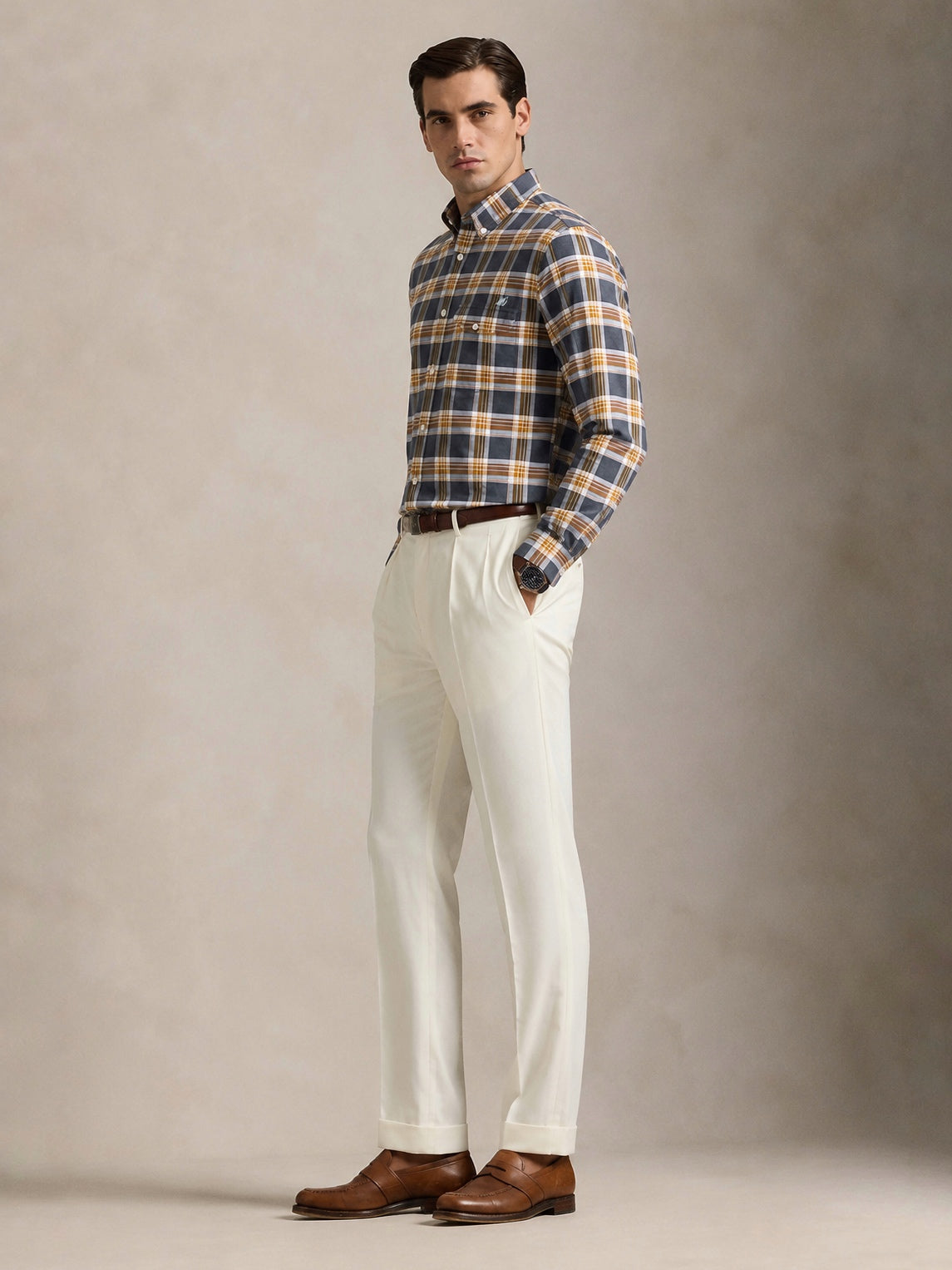 The Udai: Slim Fit Checkered Blue-Gold Oxford Shirt