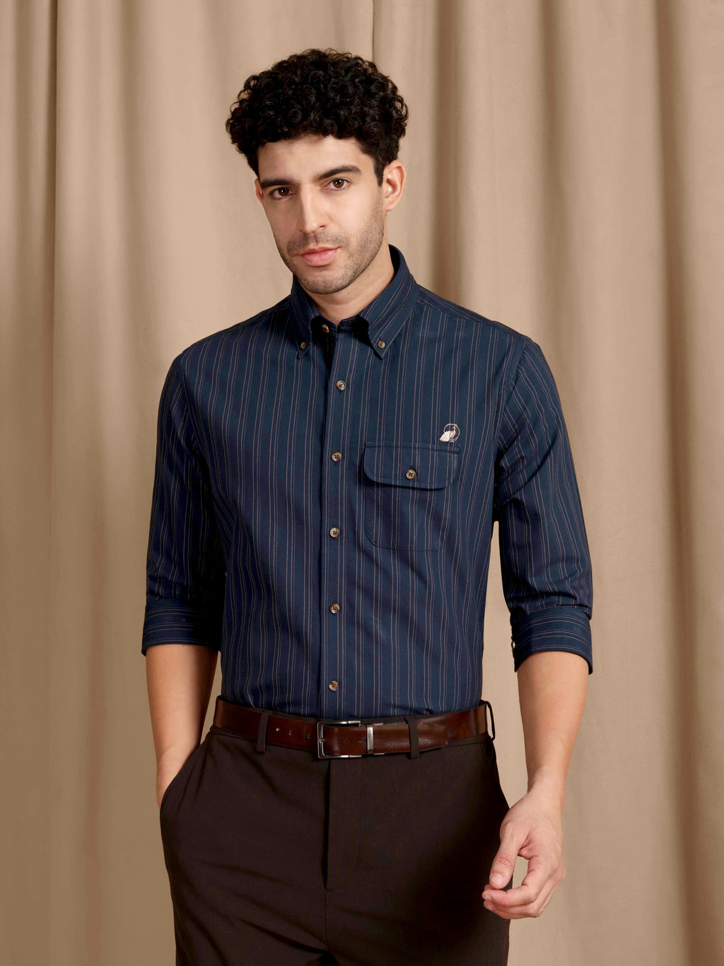 The Udai: Slim Fit Blue-Gold Striped Oxford Shirt