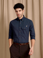 The Udai: Slim Fit Blue-Gold Striped Oxford Shirt
