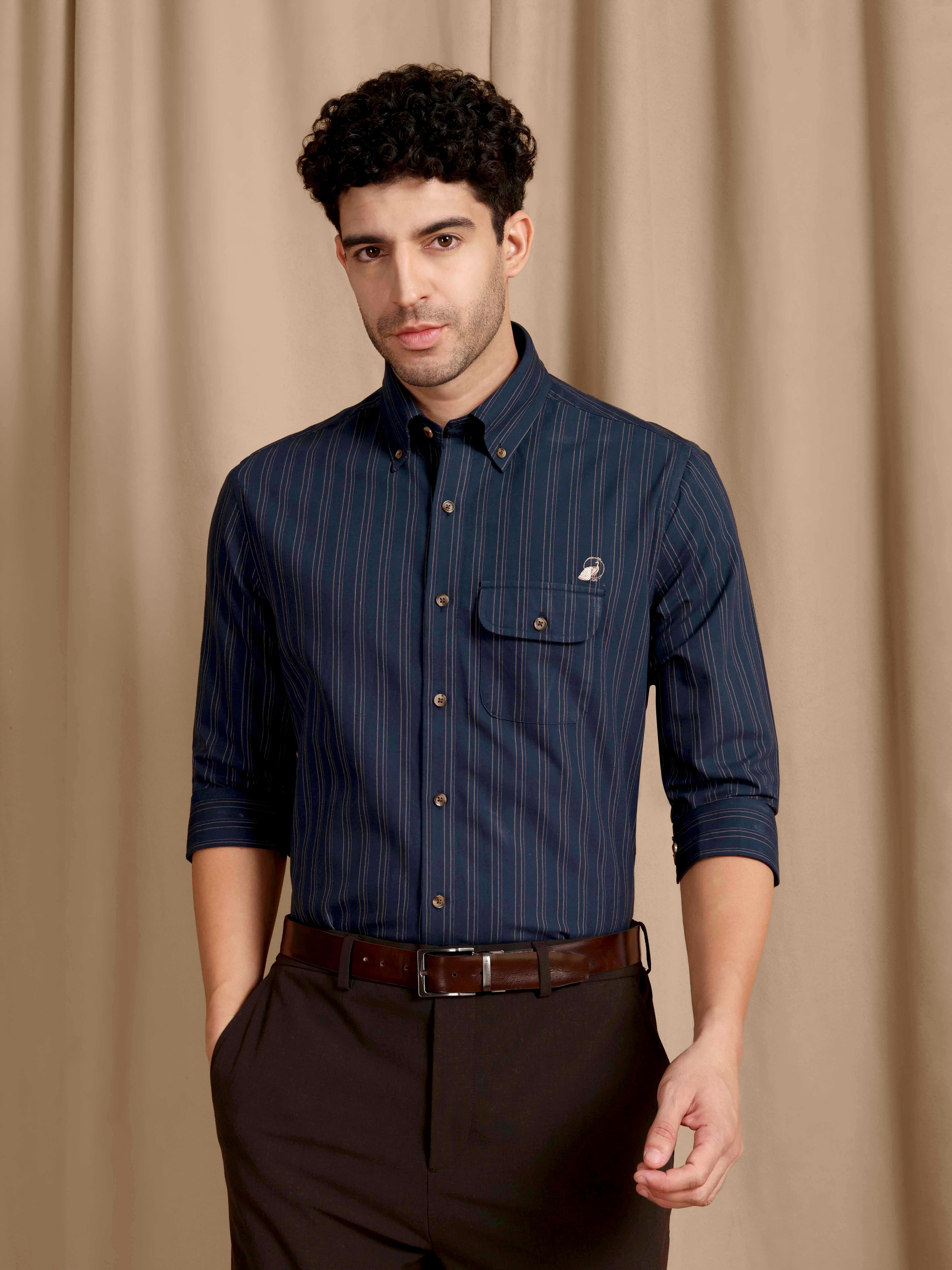 The Udai: Slim Fit Blue-Gold Striped Oxford Shirt