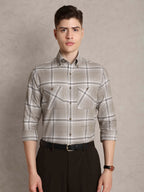 The Karikala: Slim Fit Checkered Taupe Poplin Shirt
