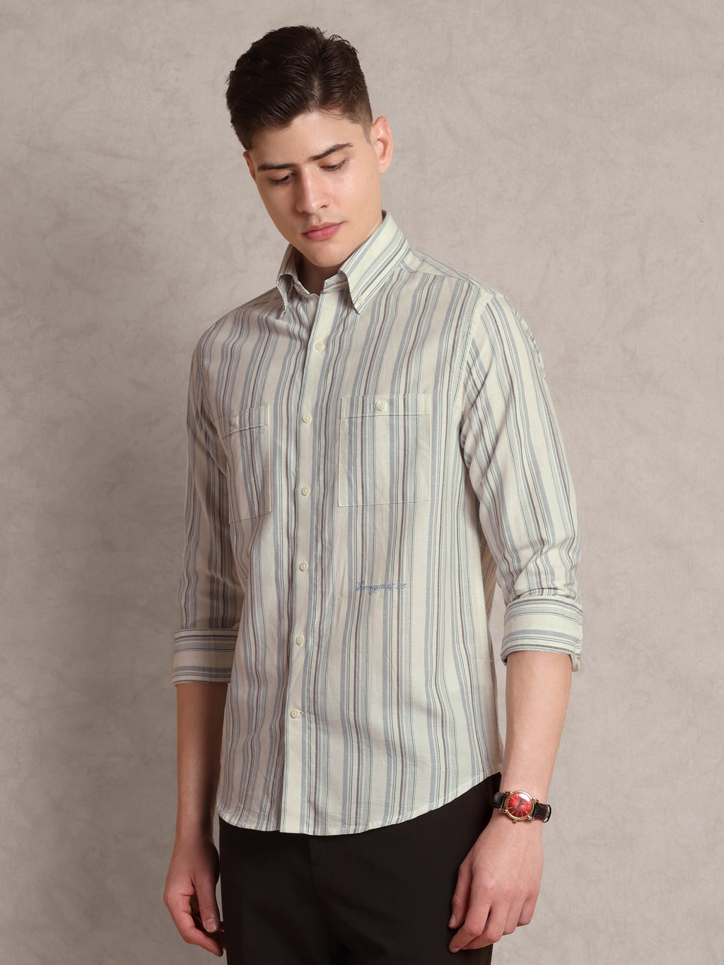 The Karikala: Slim Fit Striped Grey Poplin Shirt