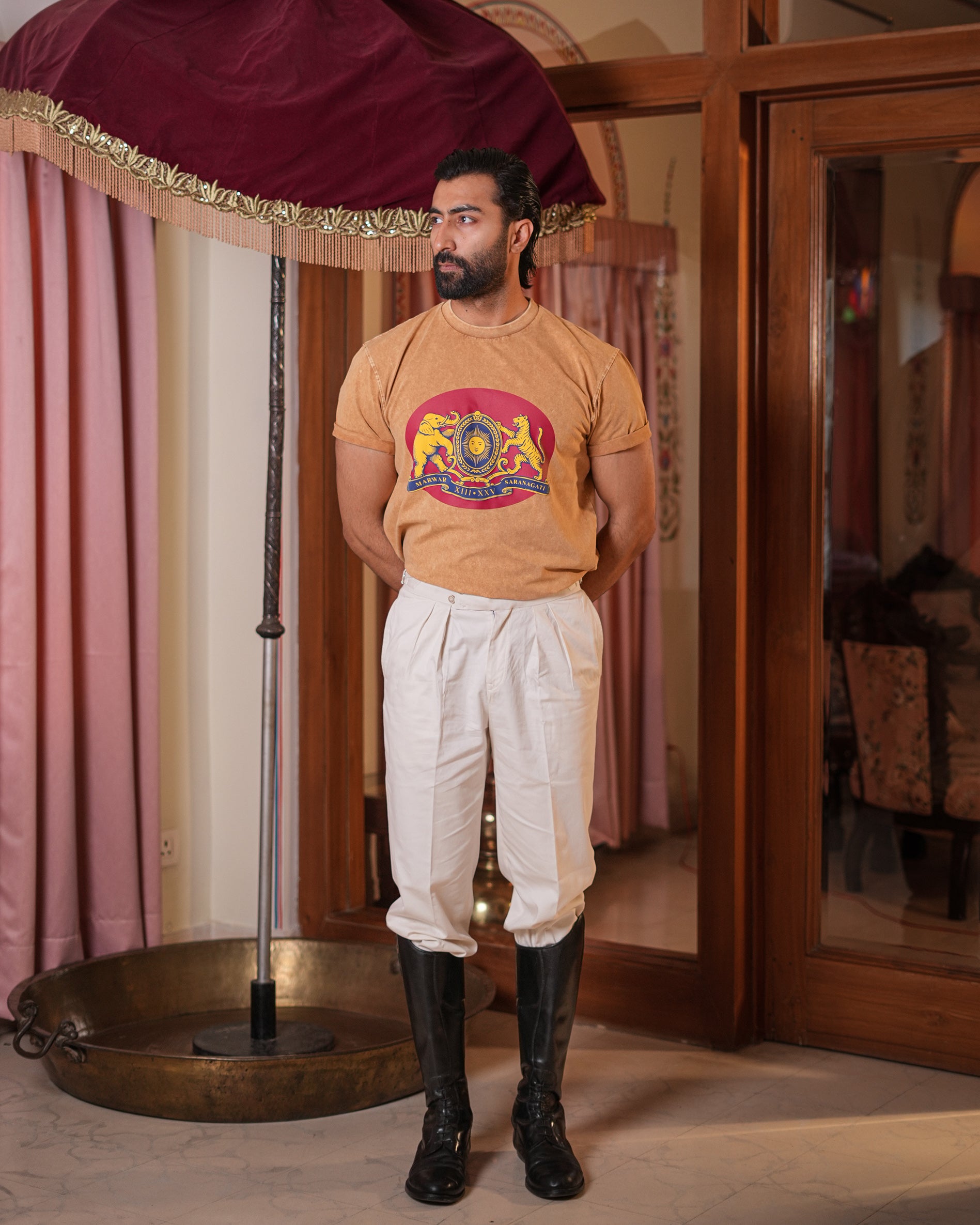 The Marwar Beige washed Crew Neck Tee