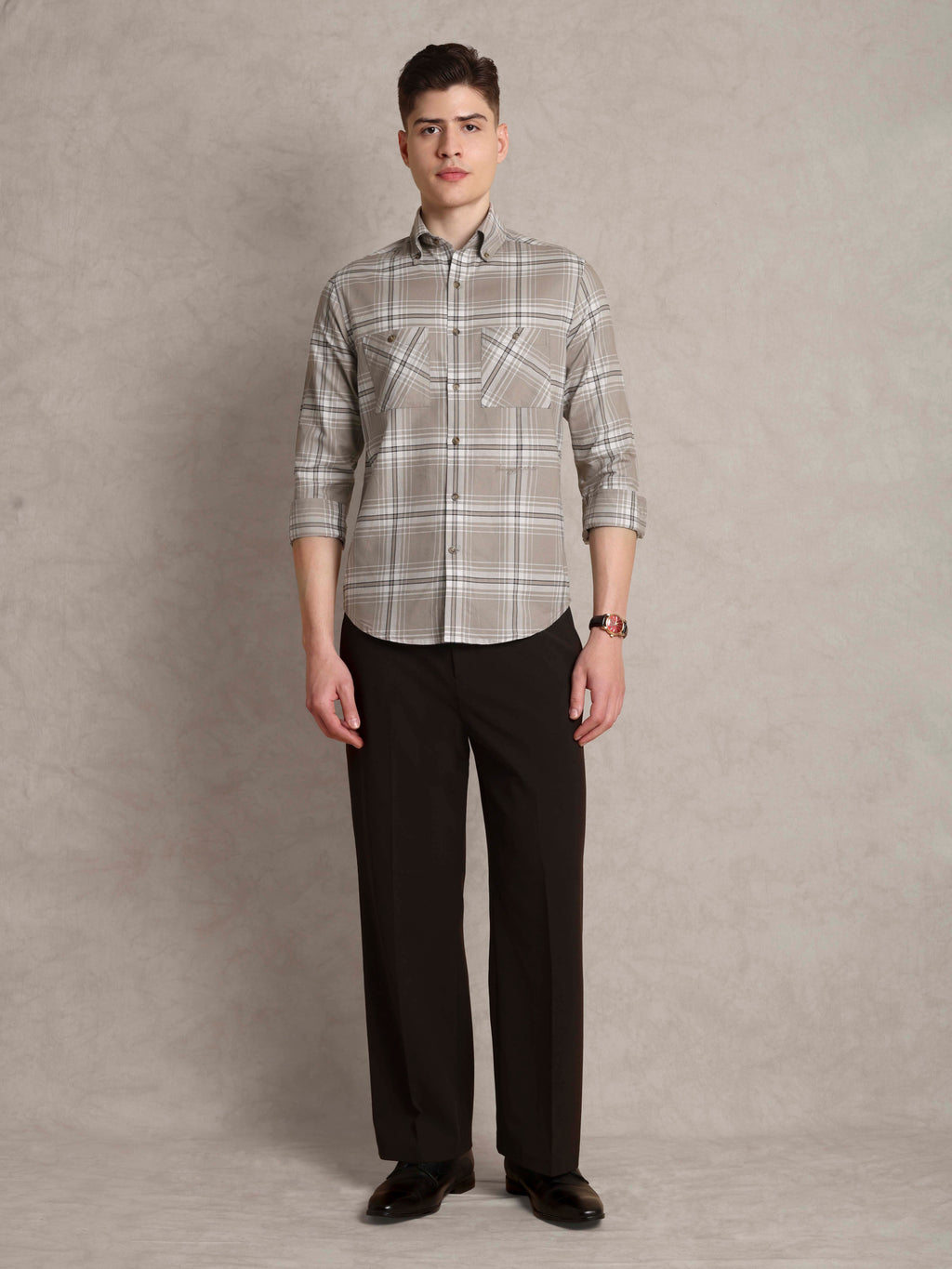 The Karikala: Slim Fit Checkered Taupe Poplin Shirt