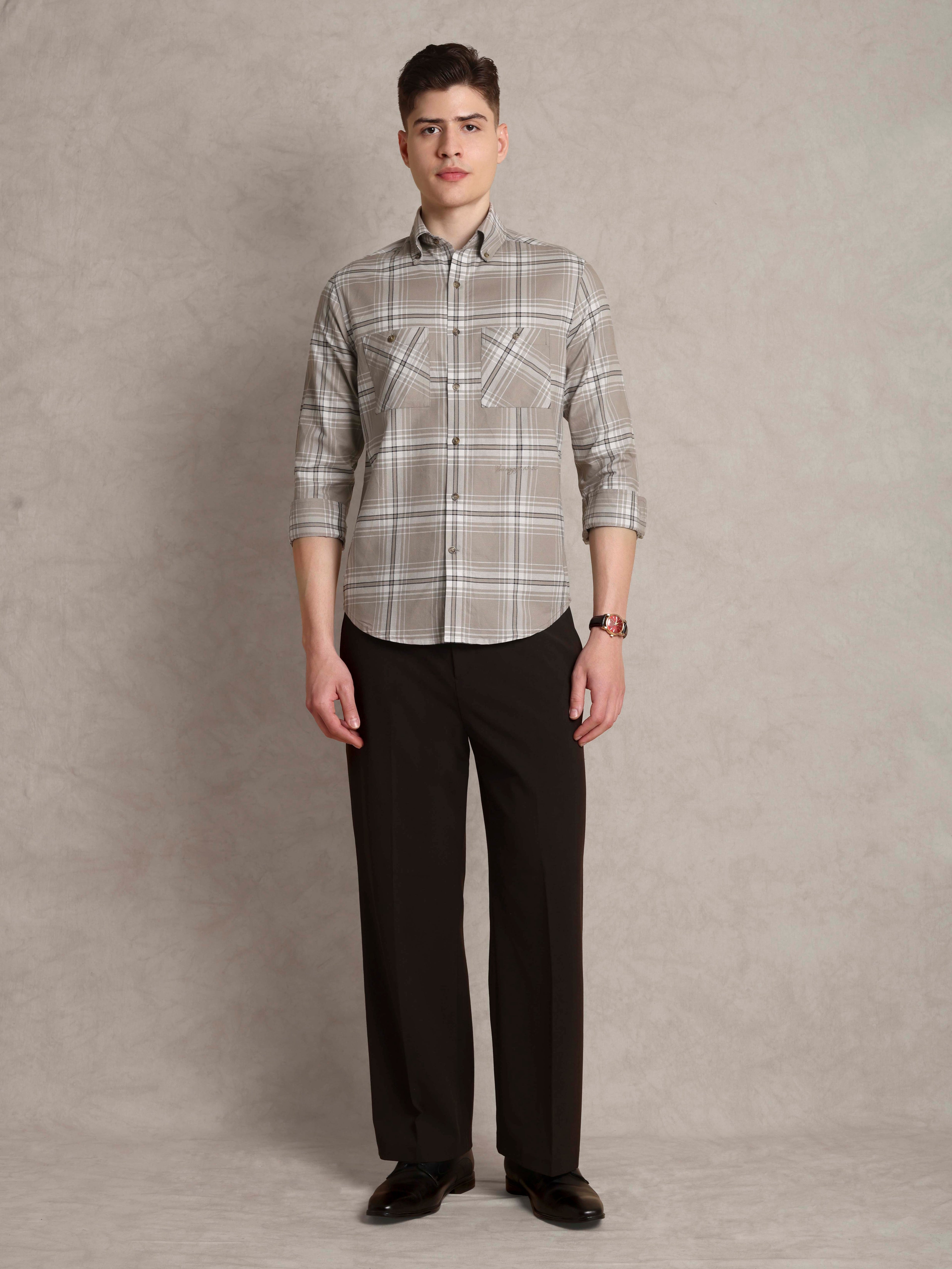 The Karikala: Slim Fit Checkered Taupe Poplin Shirt