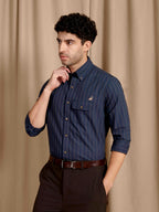 The Udai: Slim Fit Blue-Gold Striped Oxford Shirt