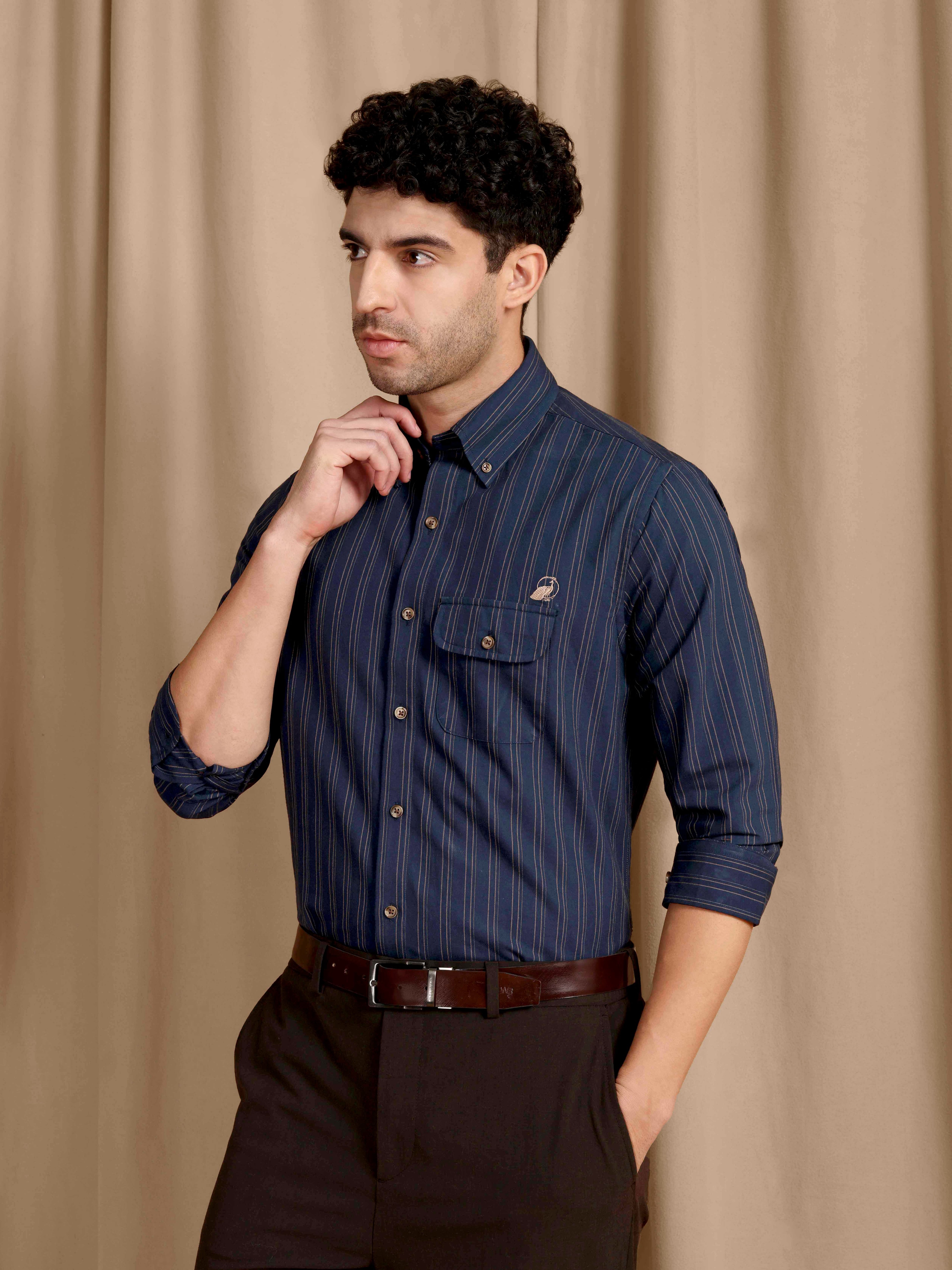 The Udai: Slim Fit Blue-Gold Striped Oxford Shirt