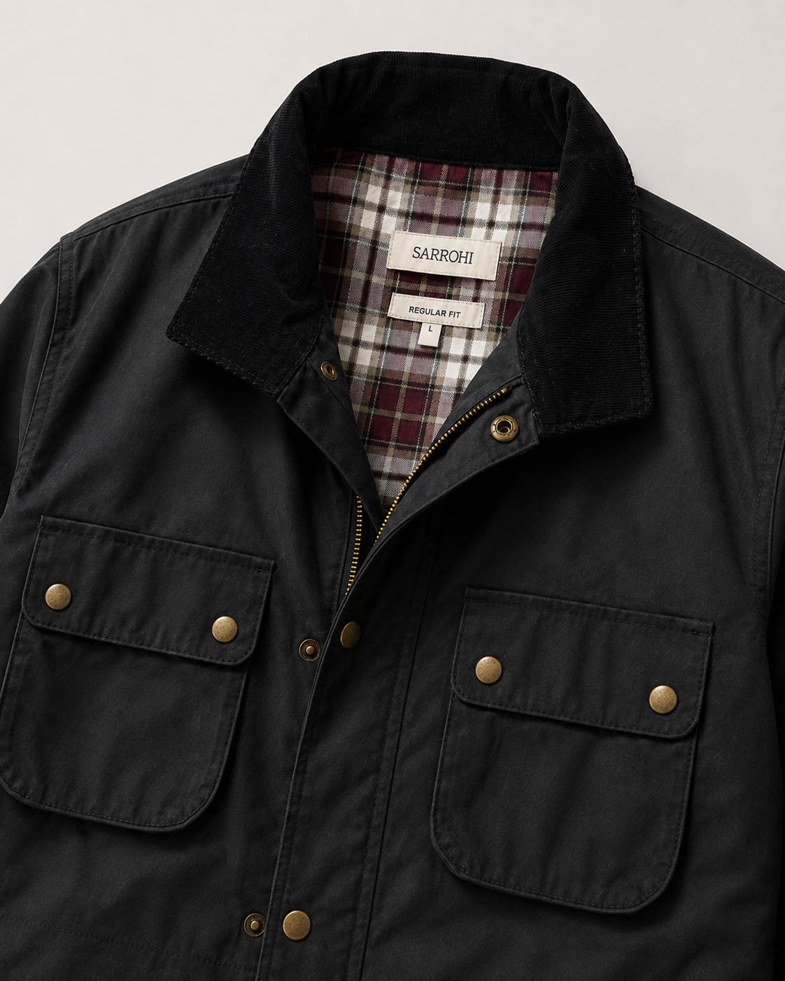 The Gorkha Jacket- Men's Black Waxed Jacket with Courduroy Collar