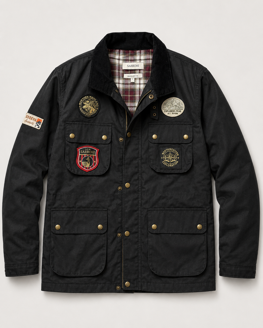 The Gorkha Jacket- Men's Black Patched Waxed Jacket with Courduroy Collar
