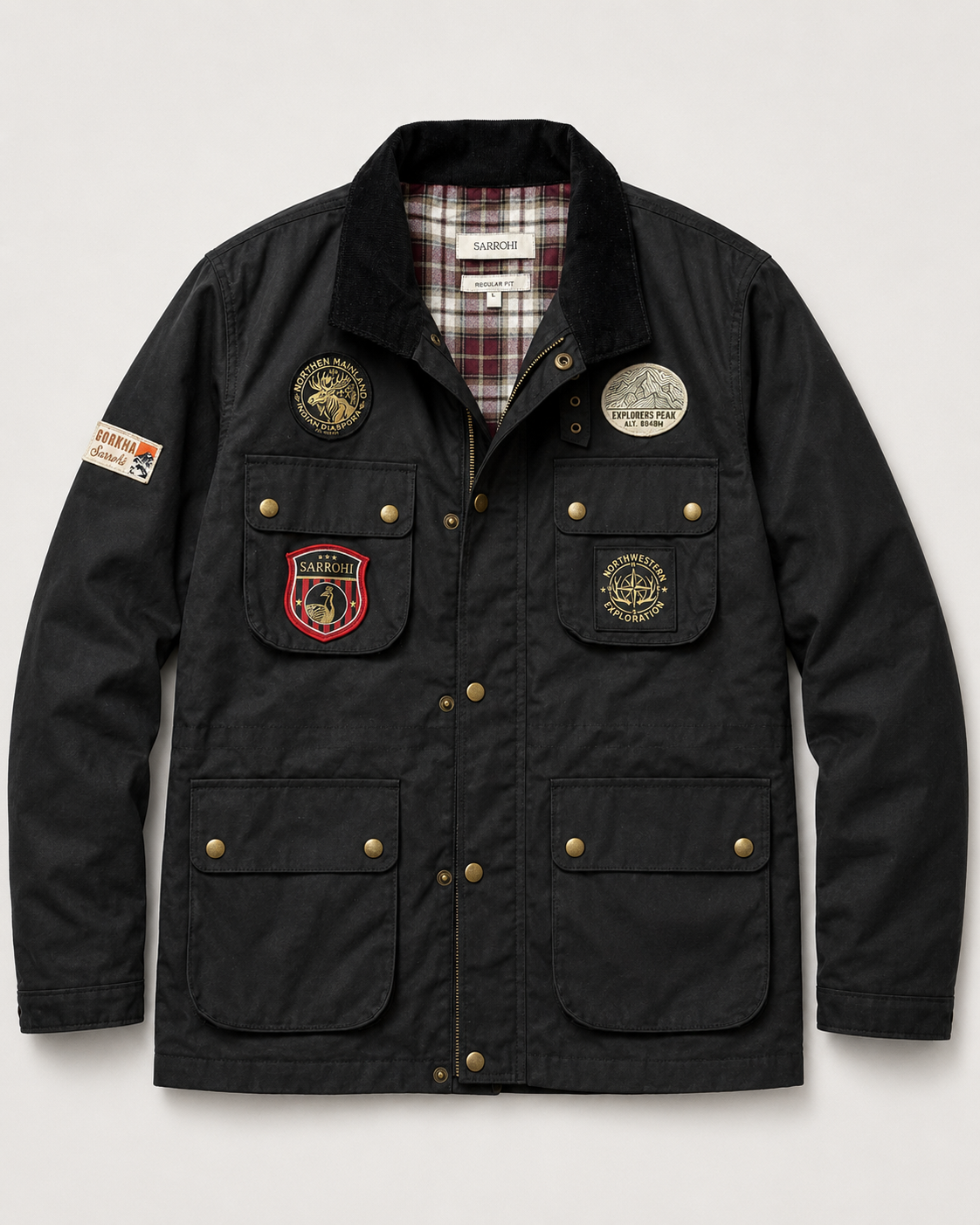 The Gorkha Jacket- Men's Black Patched Waxed Jacket with Courduroy Collar