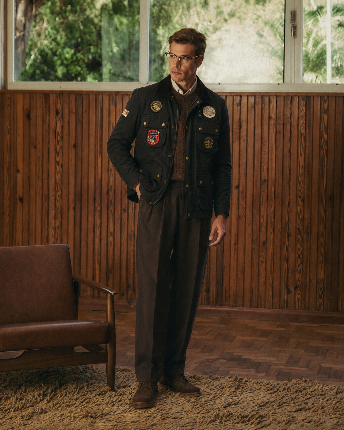 The Gorkha Jacket- Men's Black Patched Waxed Jacket with Courduroy Collar