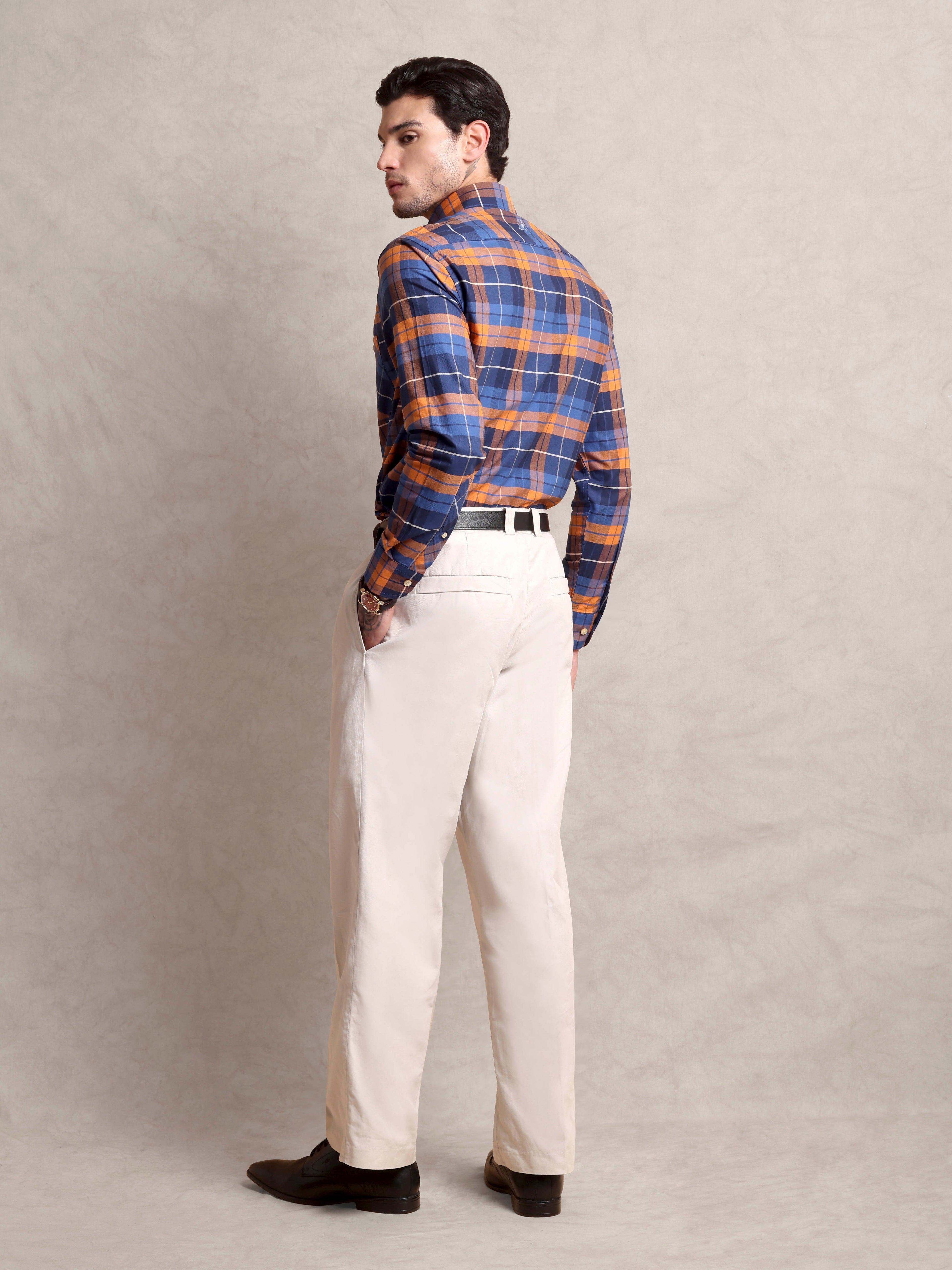 The Karikala: Slim Fit Checkered Orange Poplin Shirt