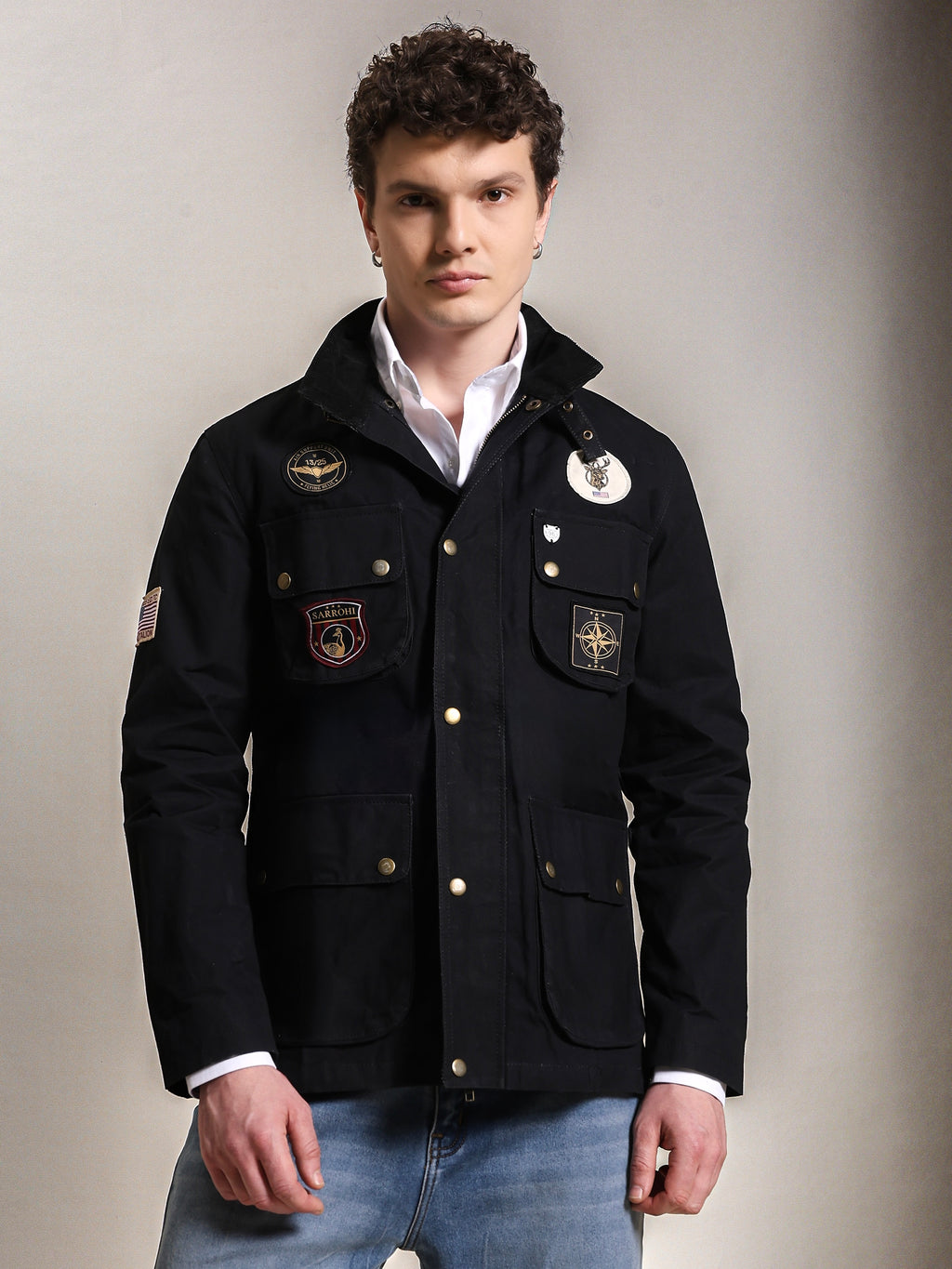 The Gorkha Jacket- Men's Black Patched Waxed Jacket with Courduroy Collar