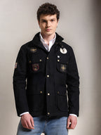 The Gorkha Jacket- Men's Black Patched Waxed Jacket with Courduroy Collar