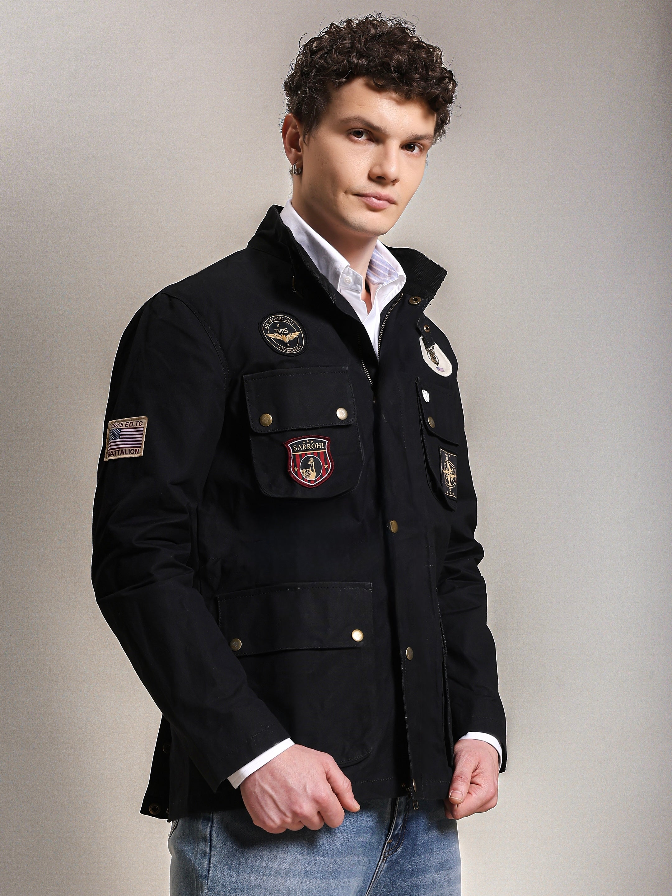 The Gorkha Jacket- Men's Black Patched Waxed Jacket with Courduroy Collar