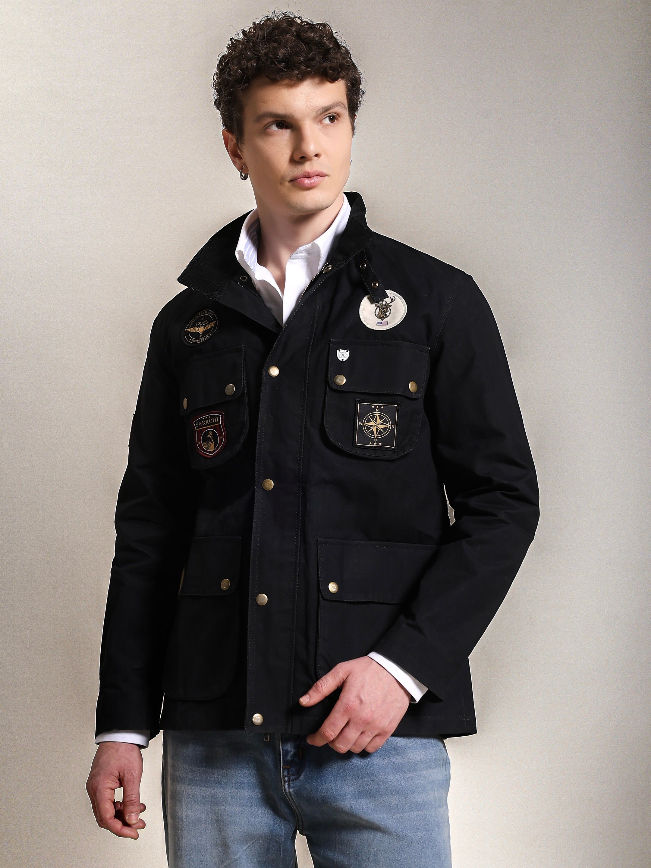 The Gorkha Jacket- Men's Black Patched Waxed Jacket with Courduroy Collar