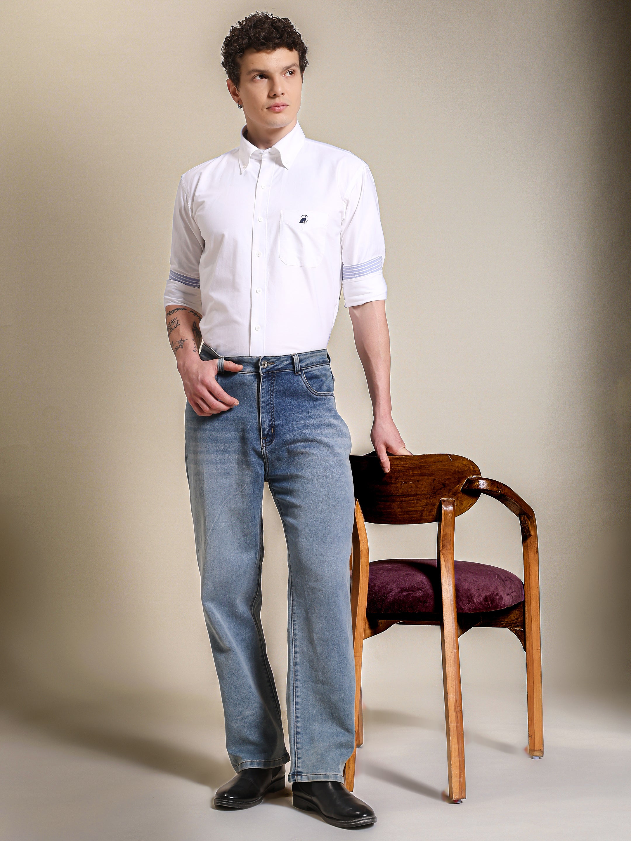 The Udai: Slim Fit White Semi Casual Oxford Shirt