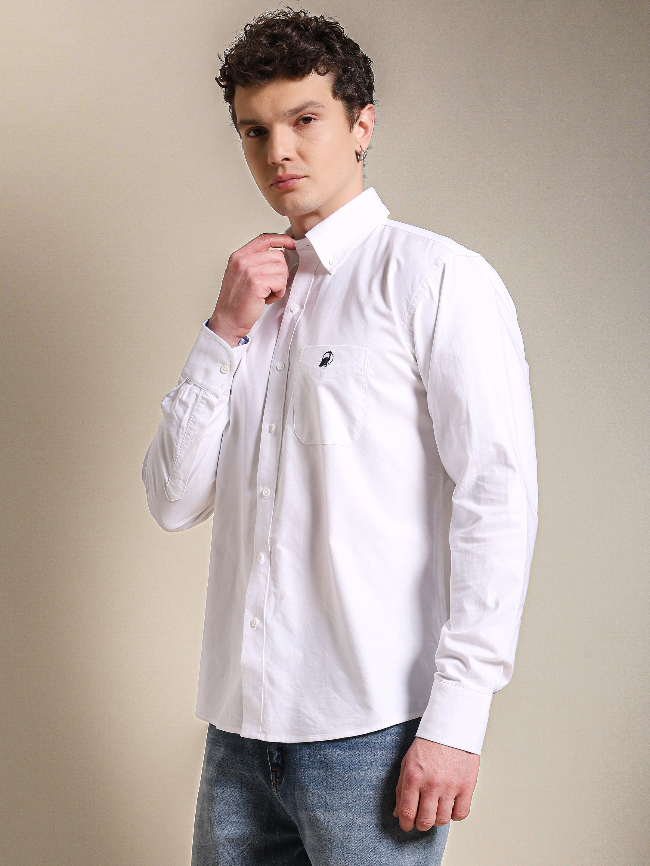 The Udai: Slim Fit White Semi Casual Oxford Shirt