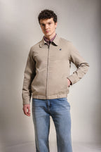 Men's Embroidered Beige Cotton Twill Jacket with Spread Collar