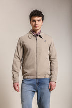 Men's Embroidered Beige Cotton Twill Jacket with Spread Collar