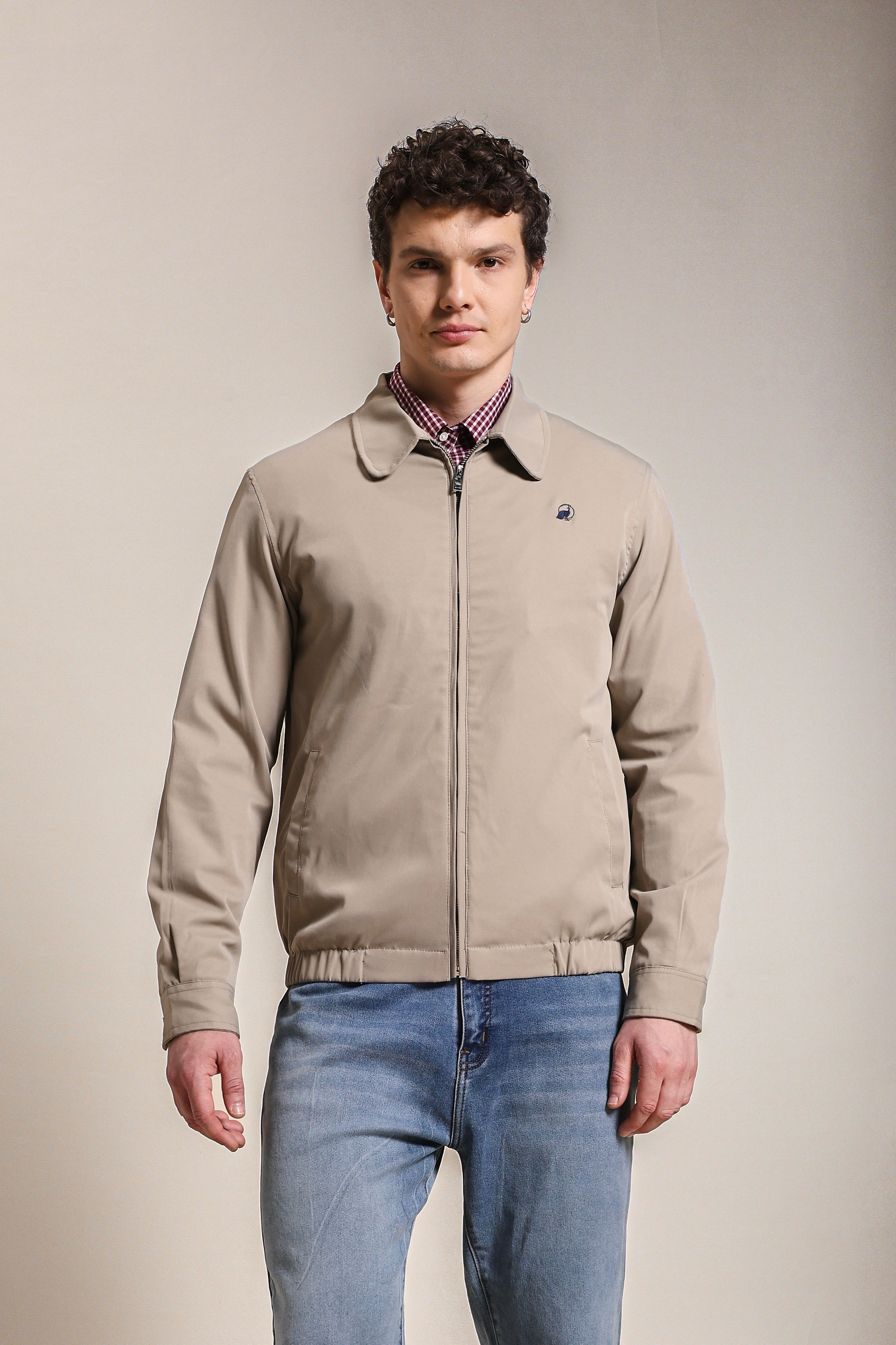 Men's Embroidered Beige Cotton Twill Jacket with Spread Collar