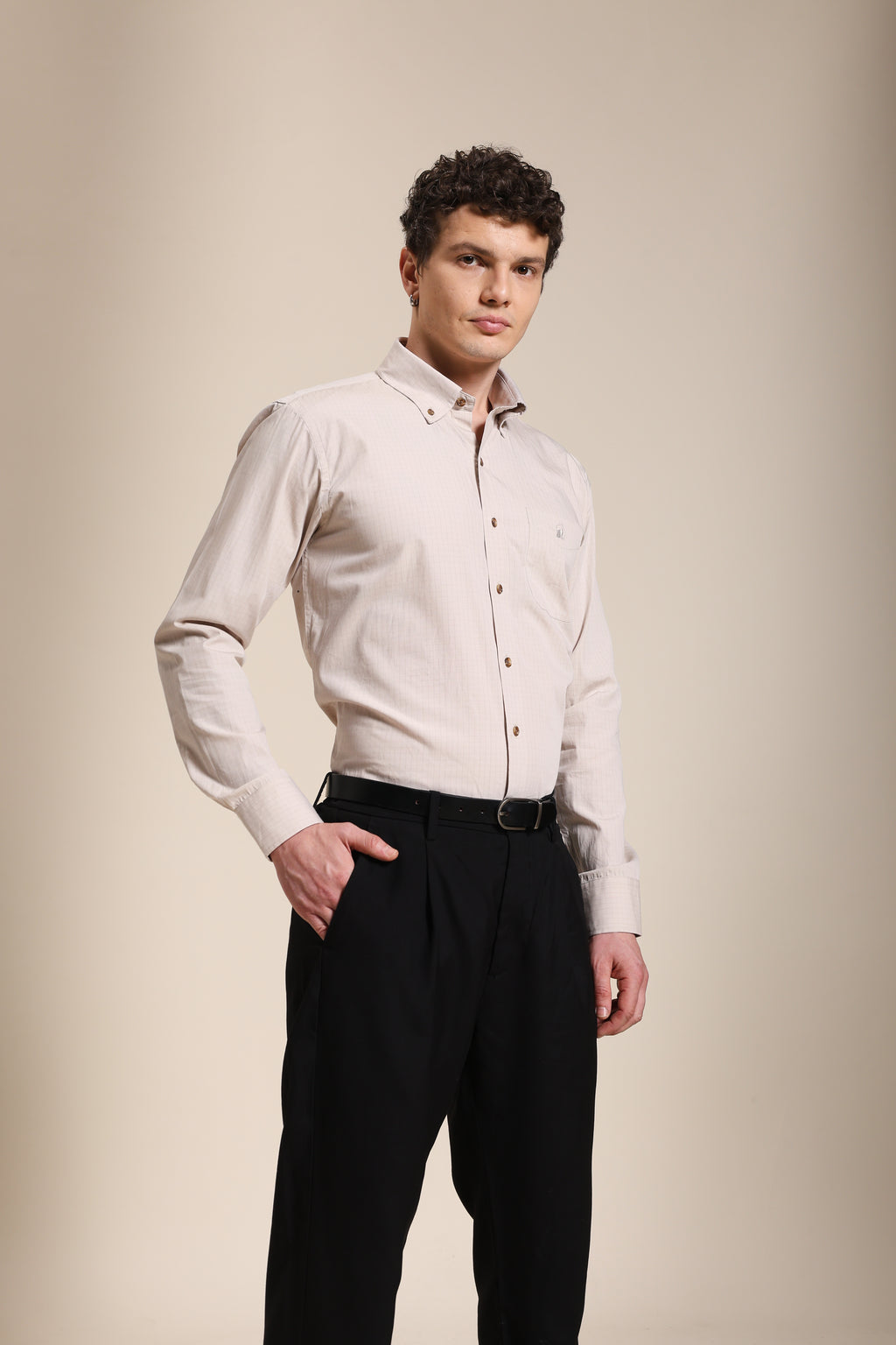 The Udai: Slim Fit Beige Gingham Office Shirt