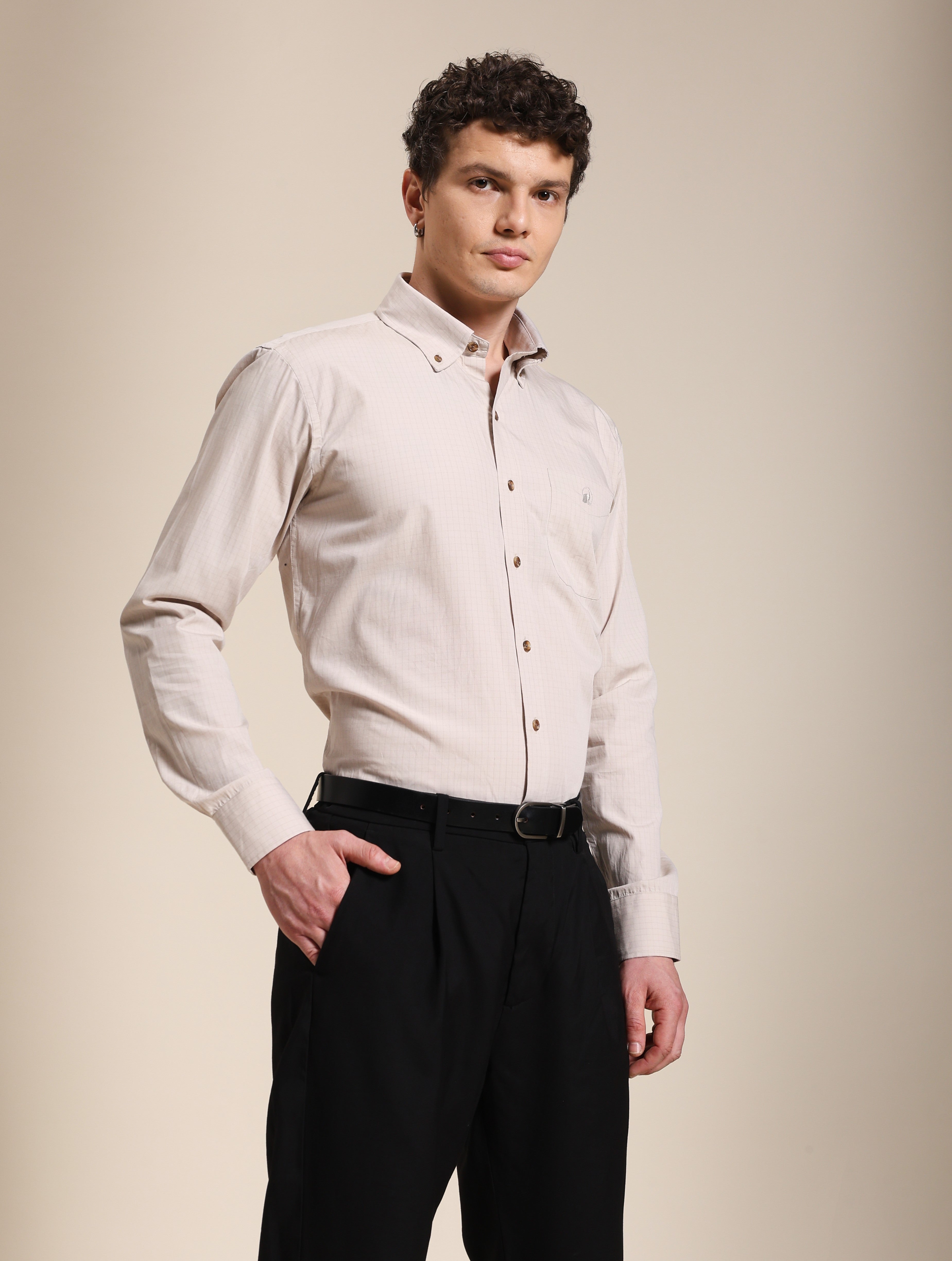 The Udai: Slim Fit Beige Gingham Office Shirt
