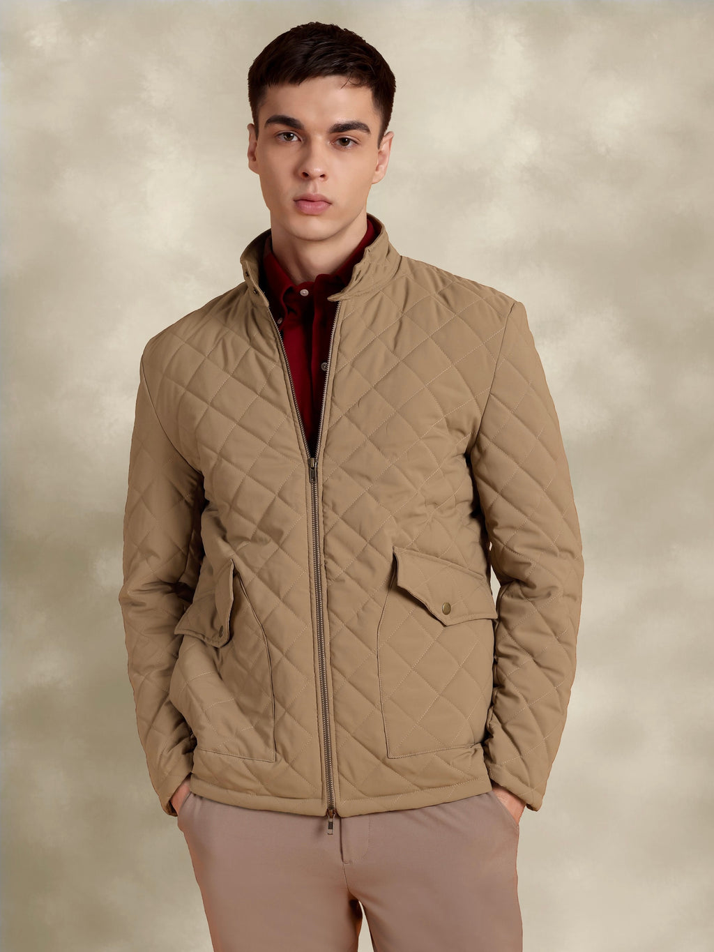 Tagore Jacket- Men's Beige Slim fit Quilted Jacket with Suede Collar