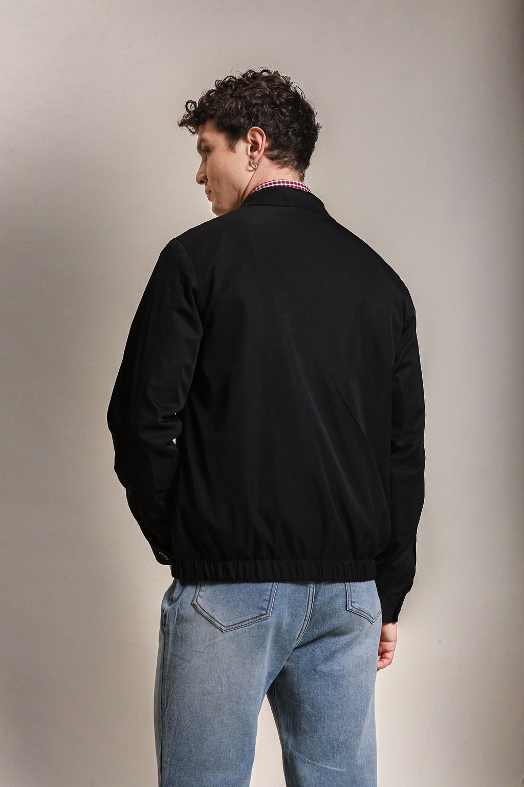 Men's Embroidered Black Cotton Twill Jacket with Spread Collar