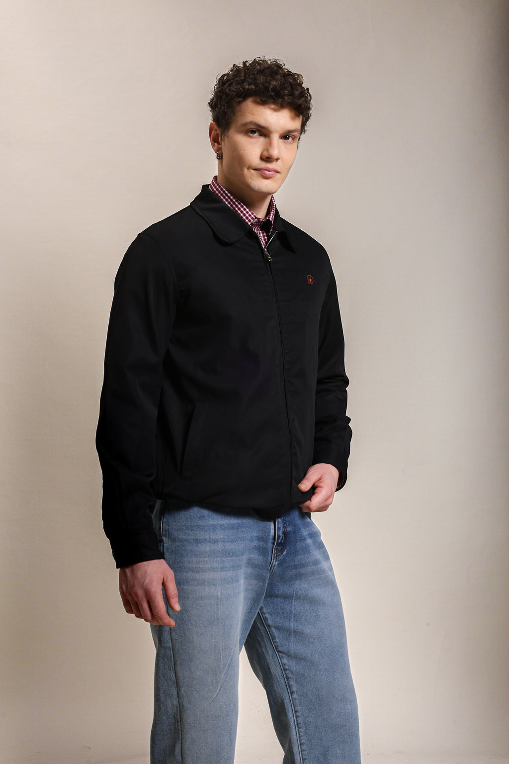 Men's Embroidered Black Cotton Twill Jacket with Spread Collar