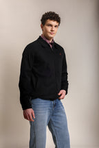 Men's Embroidered Black Cotton Twill Jacket with Spread Collar
