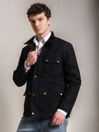 The Gorkha Jacket- Men's Black Waxed Jacket with Courduroy Collar