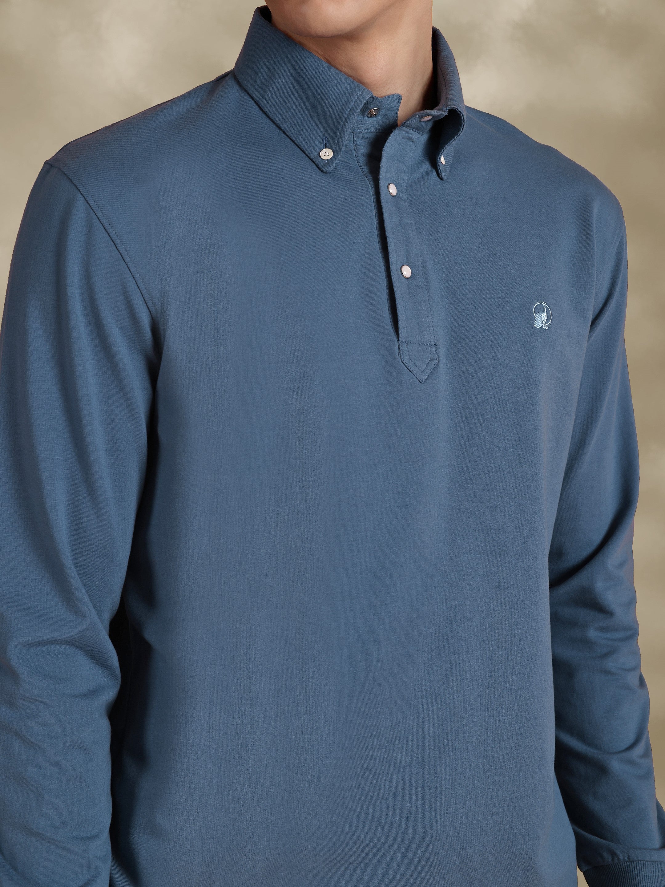Full Sleeve Blue Polo with Embroidery