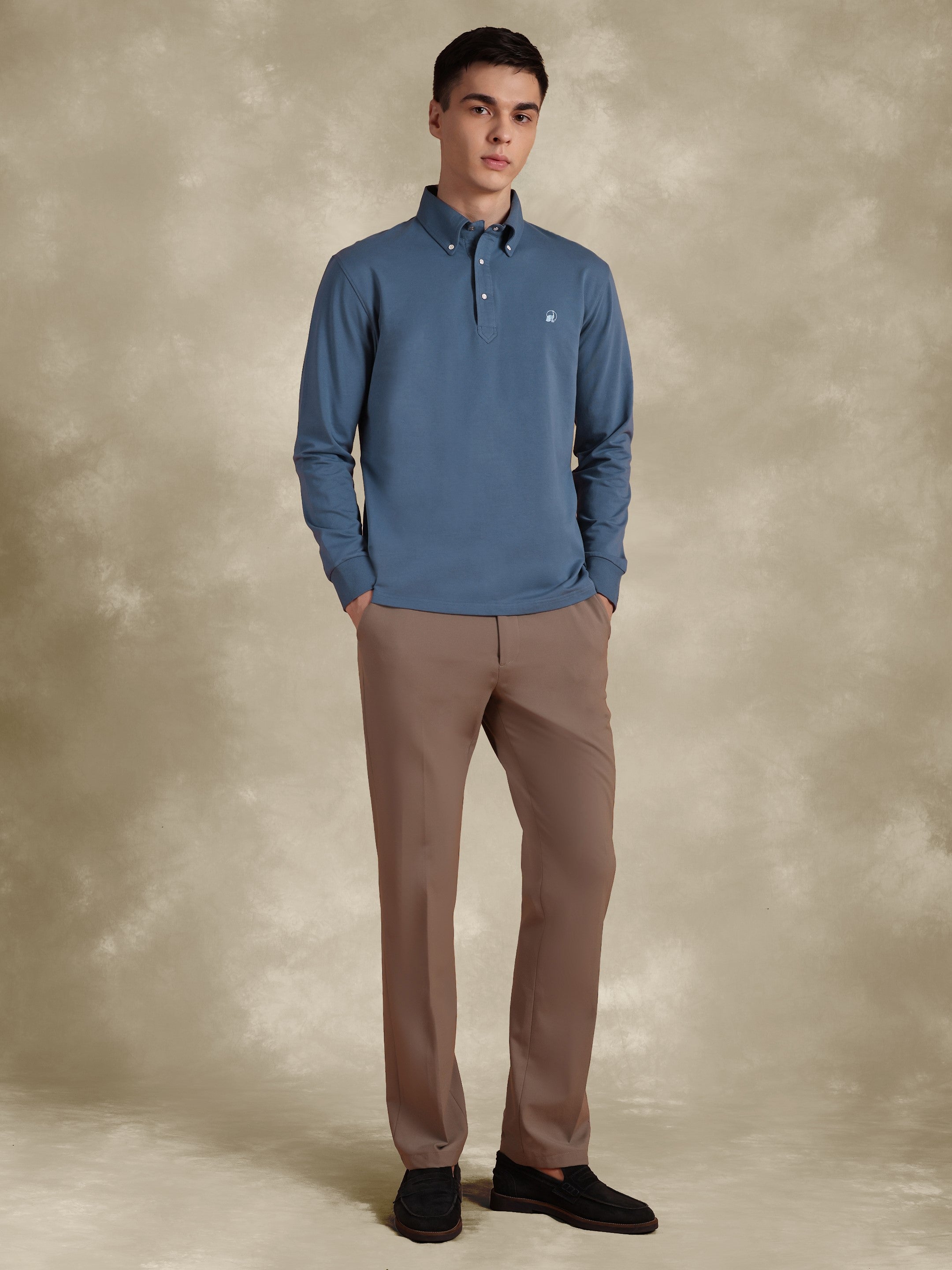 Full Sleeve Blue Polo with Embroidery