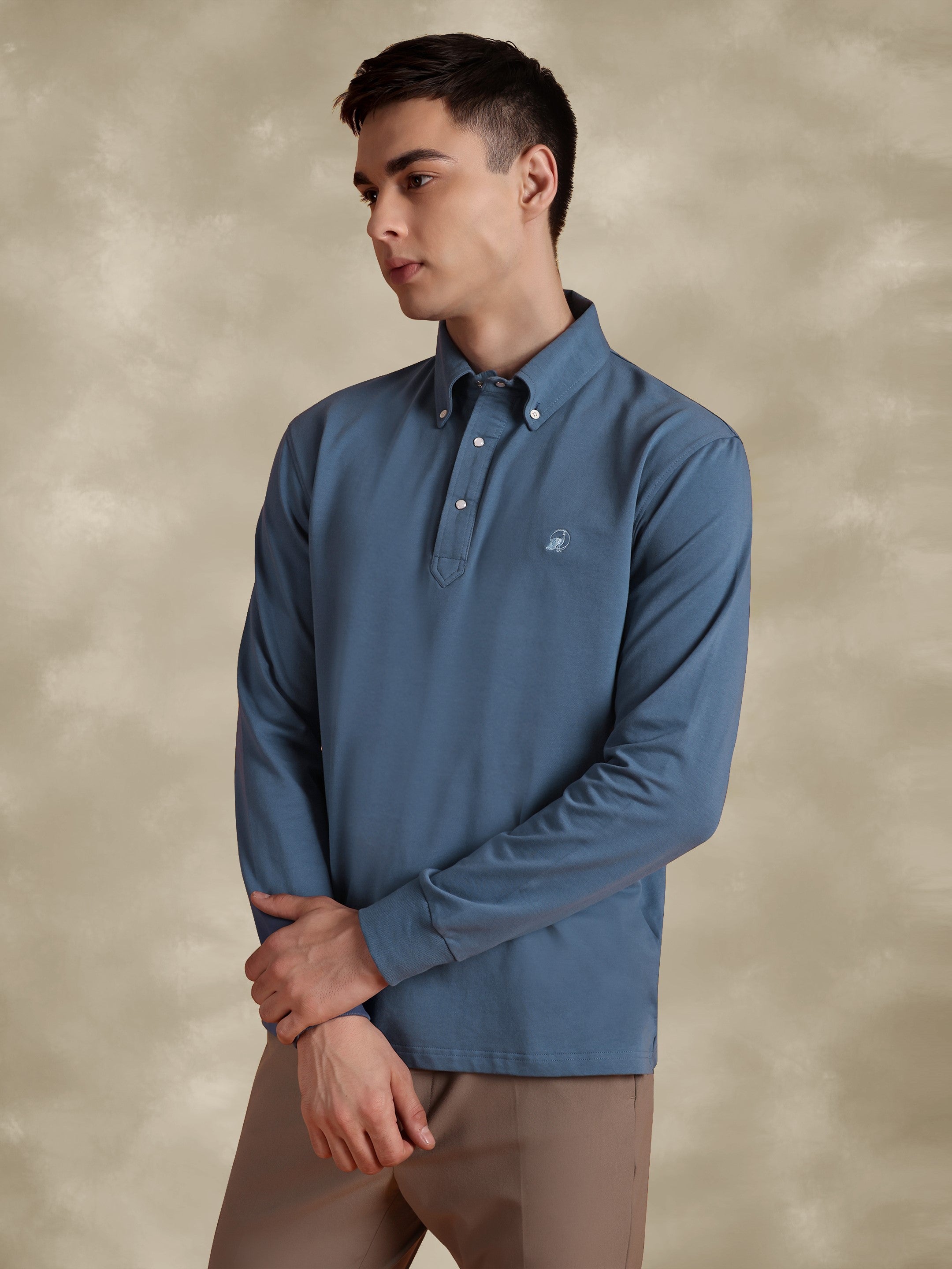 Full Sleeve Blue Polo with Embroidery