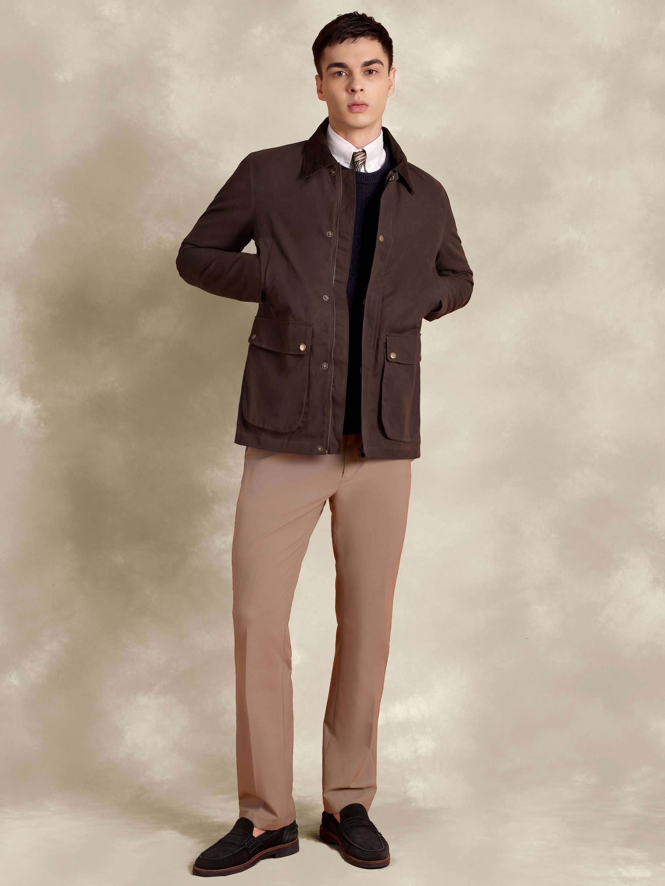 The Gorkha Jacket- Men's Brown Waxed Jacket with Courduroy Collar