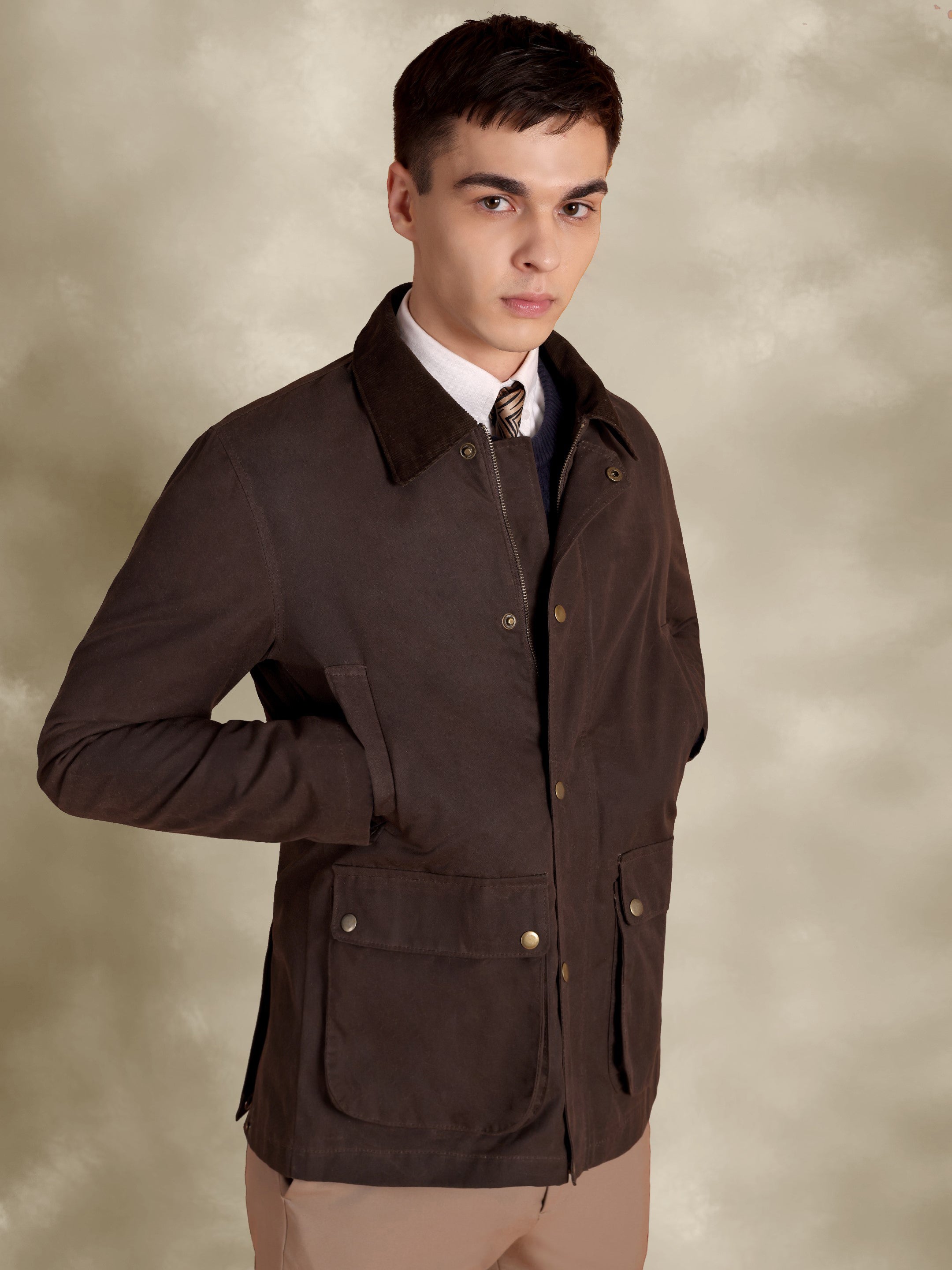 The Gorkha Jacket- Men's Brown Waxed Jacket with Courduroy Collar